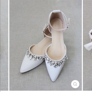 White Satin Pointy Toe Flats with Rhinestones